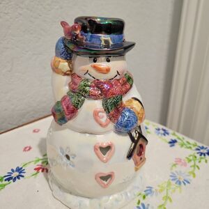 Vintage Lusterware Snowman Tea Light Holder Porcelain Christmas Decoration 6"